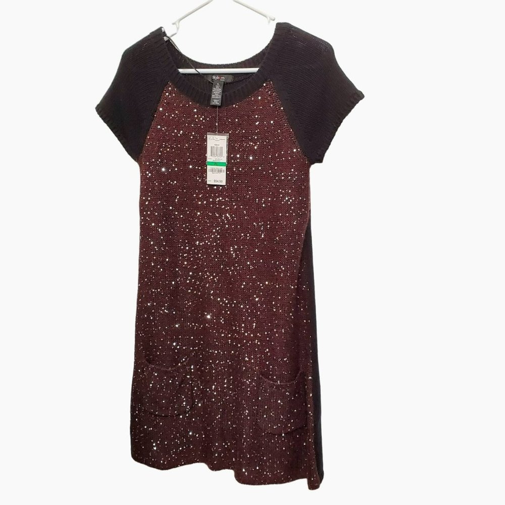 Style & Co Sequined Knit Tunic Sweater Dress Size PL Short sleeved Brown Black